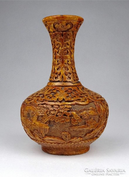 1J556 old small Chinese carved wooden vase 12.5 Cm