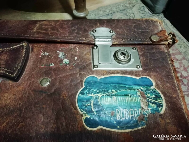 Leather suitcase, suitcase, travel bag, with many Budapest stickers, from the 1950s