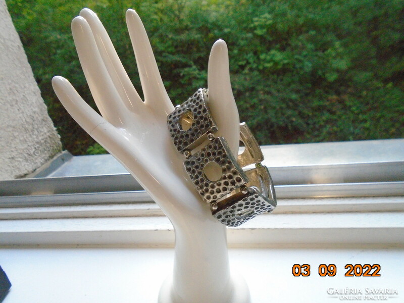 Art-deco designer silver-plated bracelet made of 6 rectangular elements with a hammered surface