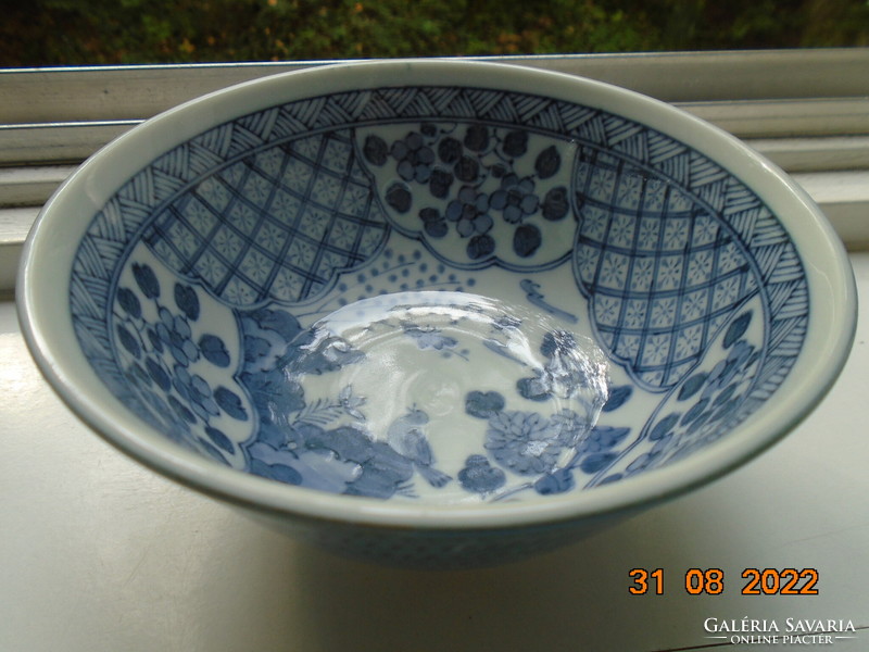 Juzan Nagasaki Japanese rice bowl hand painted cobalt blue bird flower butterfly and grid pattern