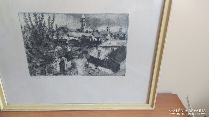 (K) between houses etching 53x54 cm with frame, signed