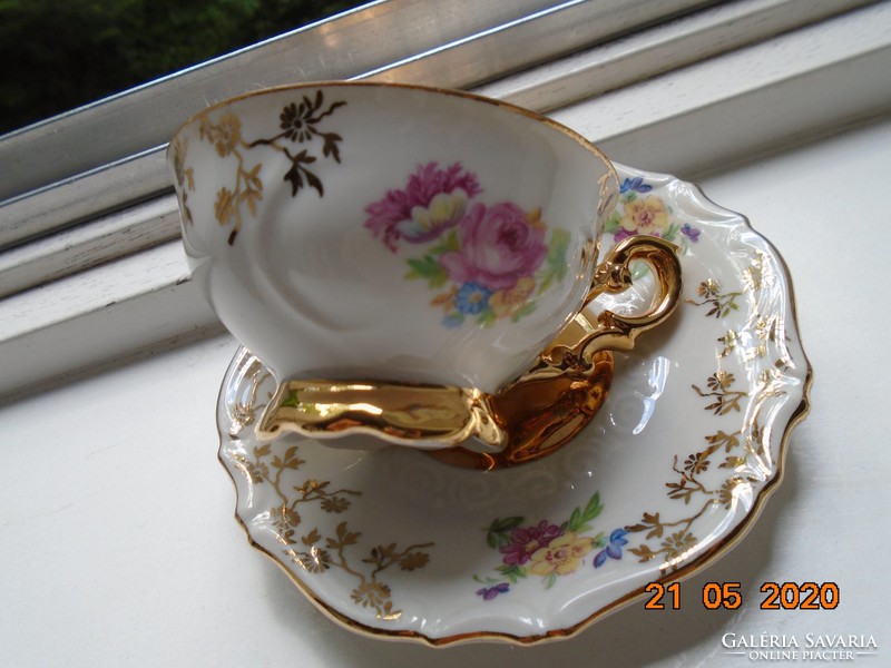 1909 GAREIS Germany Kézzel festett Arany virágmintás,egyedi virágcsokros, kávés csésze alátéttel