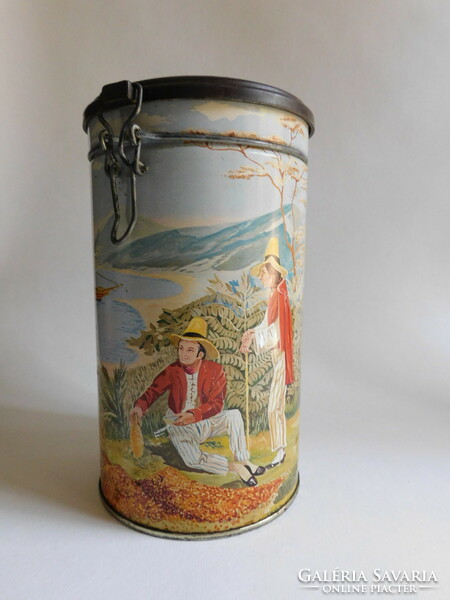 Vintage lithographed buckle coffee holder metal box with Brazilian coffee picking workers