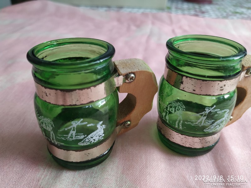 2 glass drinking glasses for sale! Green glass cognac glass with wooden handle for sale!