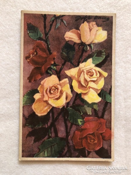 Antique, old postcard with rose flowers - postal clean