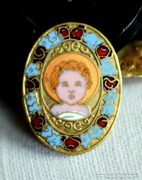 Antique Lattice Enamel Crafts Goldwork Small Jesus Brooch Pin Fire Enamel