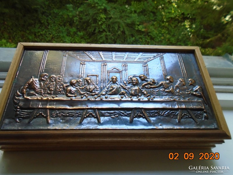 Last Supper wooden box with copper relief