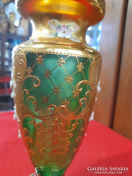 Bohemia, wine crystal green, porcelain flower, glass vase with gold decoration.