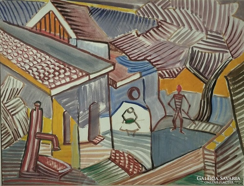 RITKA! Klie Zoltán "Falusi ház figurákkal" c. konstruktív akvarellje 1962-ből!
