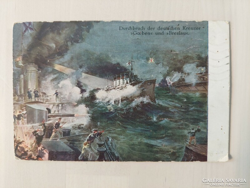 World War I postcard, battle scene, sea battle, ship battle, 