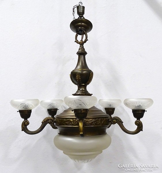 1K387 old five-arm bronze chandelier with ground glass covers 73 x 87 cm