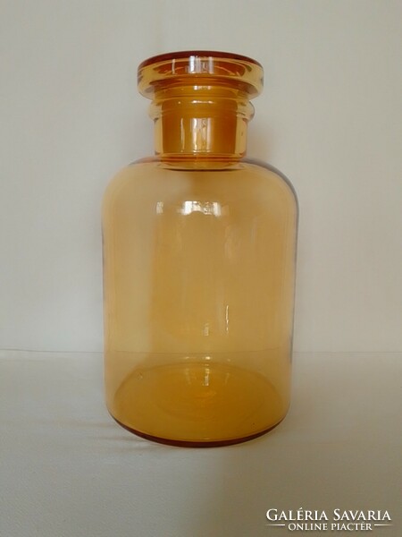 Hatalmas gyógyszertári patikus labor laboratóriumi üveg dugóval, gyönyörű méz-borostyán színű, 27 cm