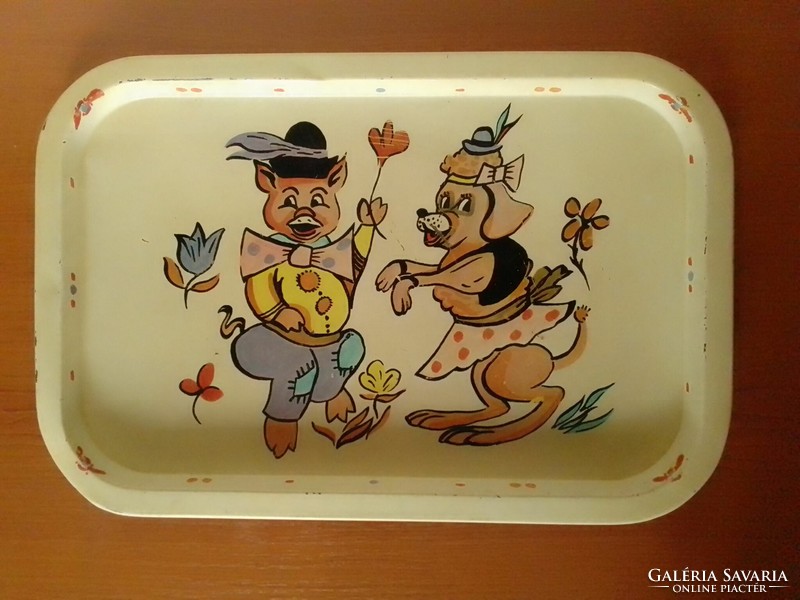 Cheerful, colorful enameled metal retro children's tray, 70s, pig dog animal figure fairy tale character