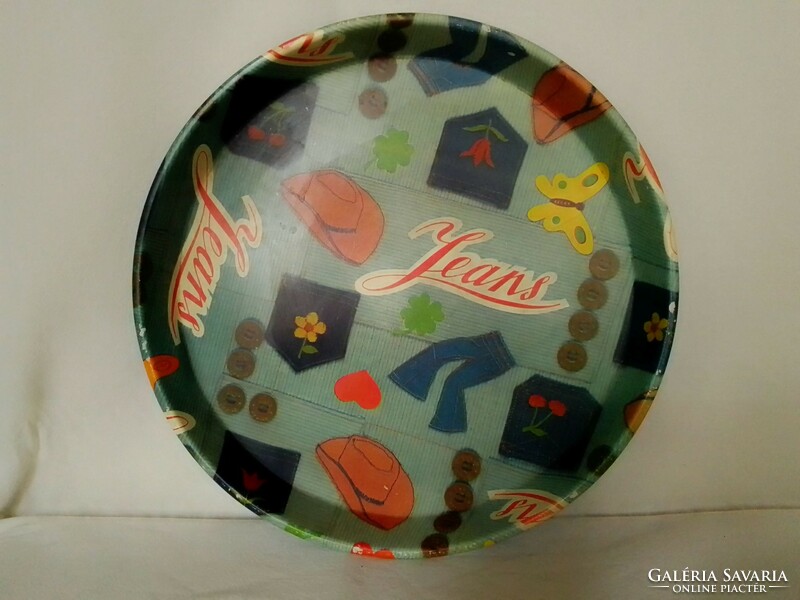 Colorful, round retro enameled metal tray from the early 80s, jeans, denim pattern, with rim