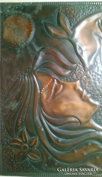 Régi bronz falikép, Lány őzikével, 28x23 cm