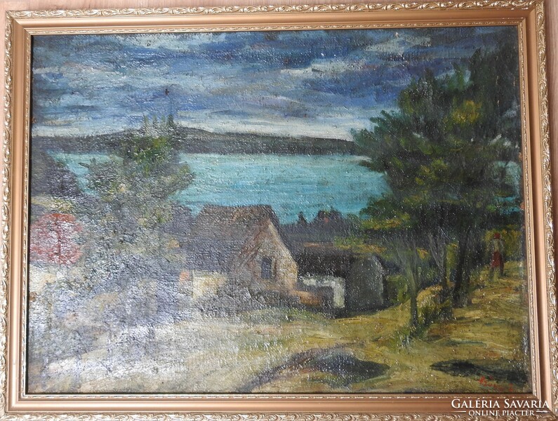 With carpet marking - oil / canvas - houses