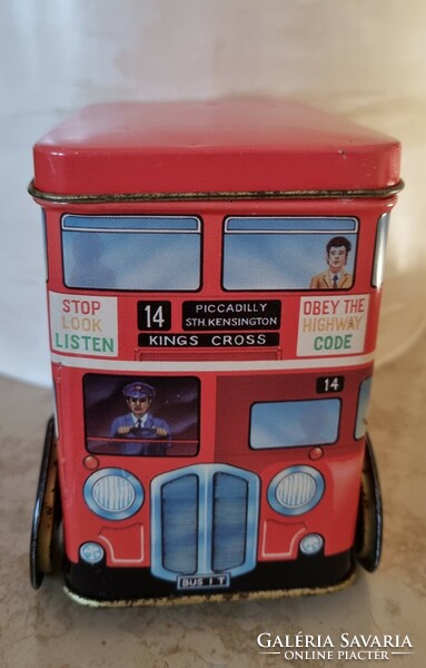 Retro fém lemez emeletes London busz ritka kerekeken guruló doboz