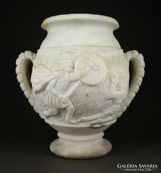 1K446 old carved battle scene salt vase decorative vase 26.5 Cm