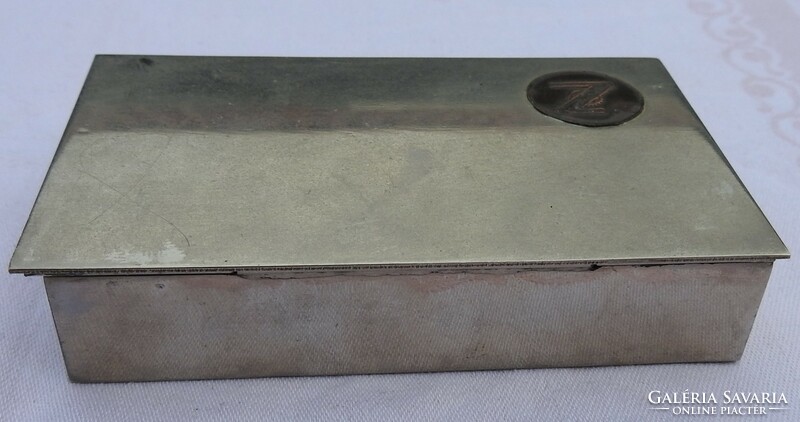 Silver-colored metal ornament - cigarette box with wooden insert - marked with z