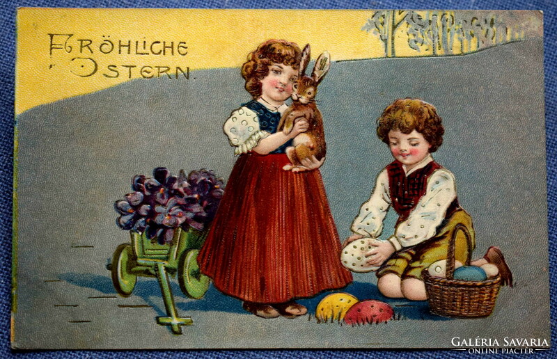 Antik   dombornyomott Húsvéti üdvözlő litho képeslap gyerekek tojás talicska nyuszi