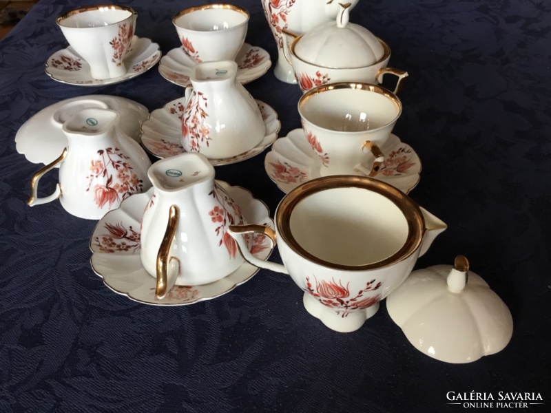 Jiesia porcelán kávéskészlet, 6 személyes, dúsan aranyozott, kézifestésű