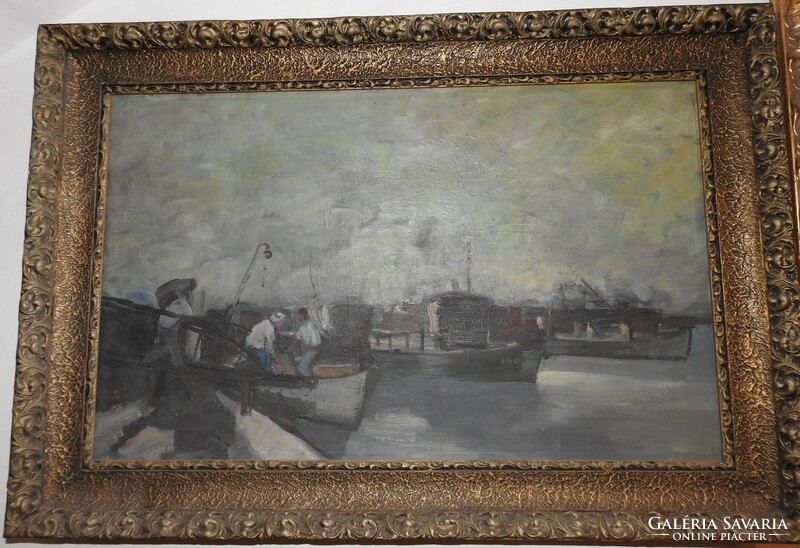 Fishermen - huge oil / canvas painting - unknown artist