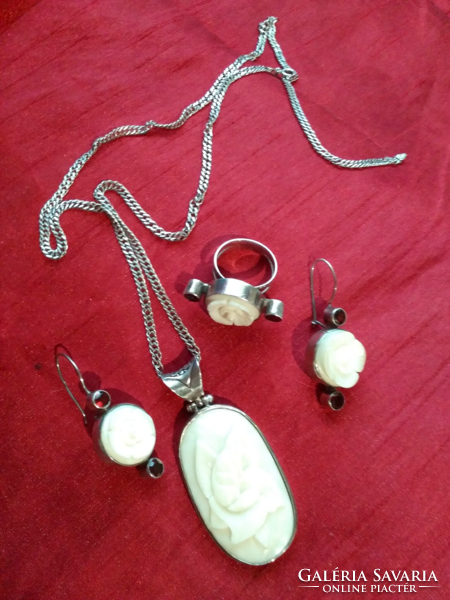 Carved bone, garnet jewelry set