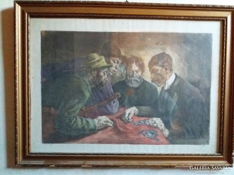 Révész Imre(1859-1945) alkotása :Osztozkodók színezett rézkarc a képek szerinti