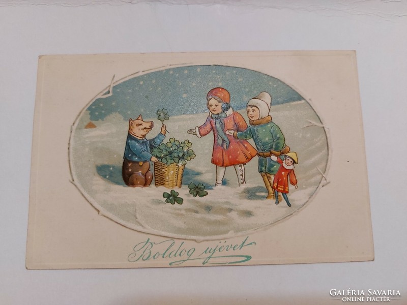 Régi újévi képeslap 1925 dombornyomott levelezőlap gyerekek malac lóhere