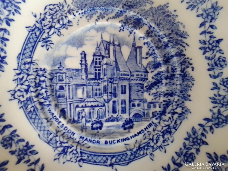 Kék fehér festett angol fajansz kerámia kis tányér, tájképpel, jelzett, hibátlan