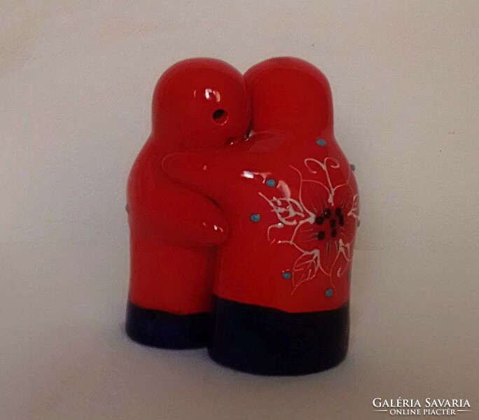 Spanish faience ceramic hand-painted salt and pepper shaker, lovely funny bohemian figures, unique design