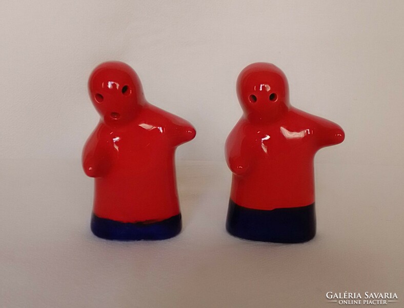 Spanish faience ceramic hand-painted salt and pepper shaker, lovely funny bohemian figures, unique design
