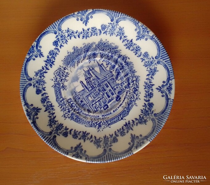 Kék fehér festett angol fajansz kerámia kis tányér, tájképpel, jelzett, hibátlan