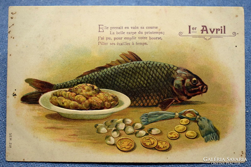 Antik dombornyomott  Ápr 1. üdvözlő litho képeslap ponty aranypénz pénztárca mondókával