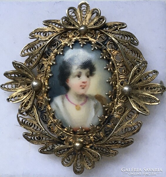 Antique Victorian silver brooch painted portrait porcelain filigree