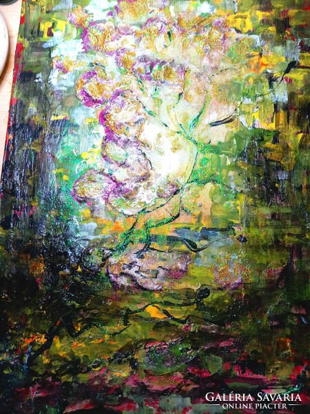"Virág-abszrakt" 45 x30 cm es dombor-műgyanta-zománc festmény farostlemezen