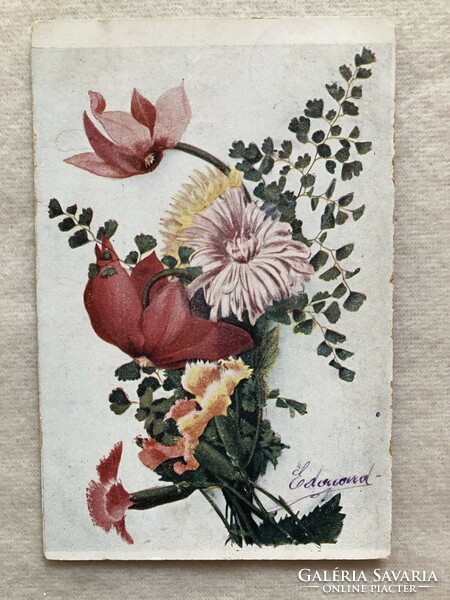 Antik hosszúcímzéses virágos képeslap