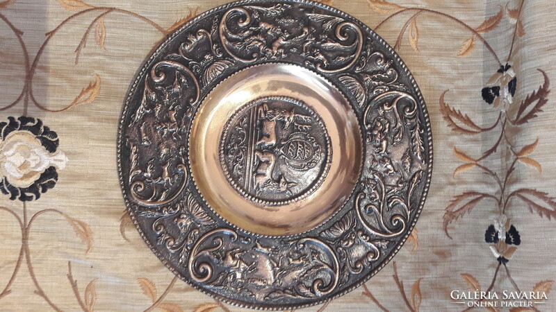 Vadászos réz tál, bronz iparművész dísztányér (M3006)