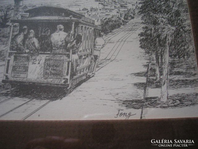 N4 antique Los Angeles Fong-marked wall and table etching in the frame of an old streetcar 26 x 20 cm