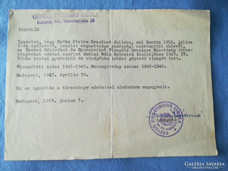 2 drb bizonyítvány 1943 - ból délvidéki Zentáról