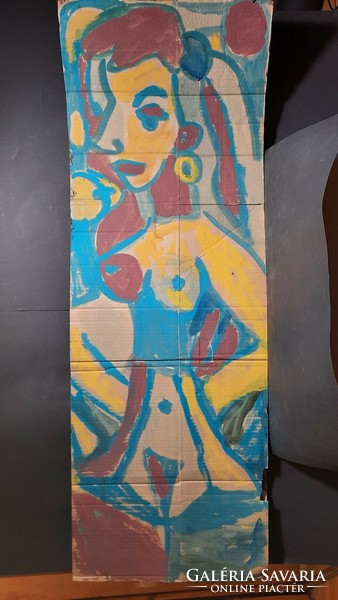 Miklós Cs. Németh: giant standing nude (tempera, cardboard, 128x44 cm)