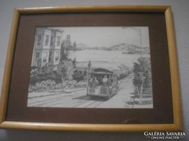 N4 antique Los Angeles Fong-marked wall and table etching in the frame of an old streetcar 26 x 20 cm