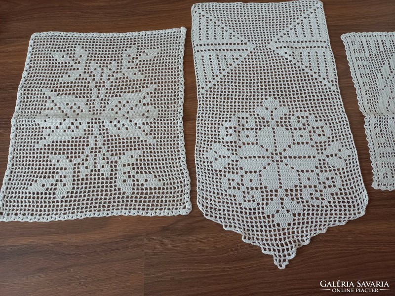3 small crocheted curtains, stained glass