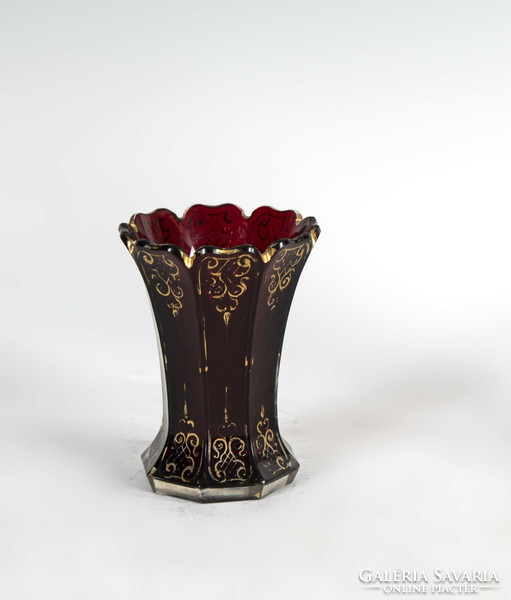 Biedermeier old ruby red glass vase with gold decoration