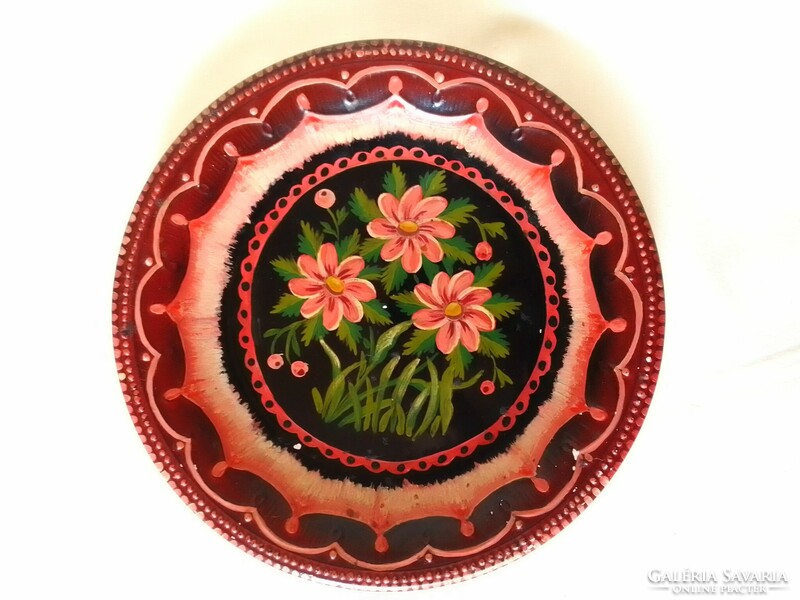 Régi antik Gránit fali tányér, olajfestékkel házilag megfestve, virágos mintával