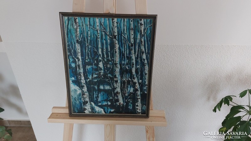 (K) winter forest interior painting with frame 43x35 cm