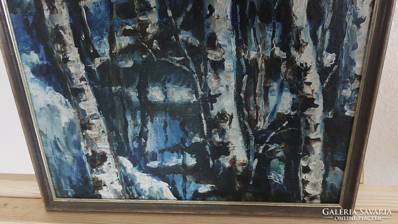 (K) Téli erdőbelső festmény 43x35 cm kerettel