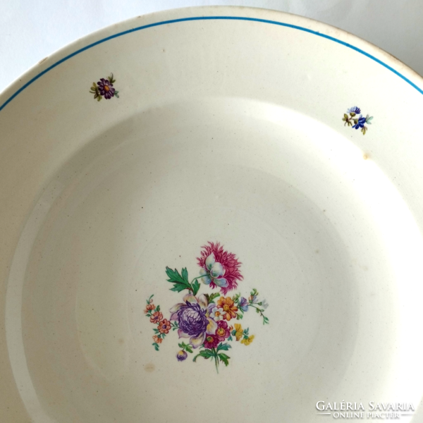 Old field floral blue rimmed granite kispest large round bowl, serving dish