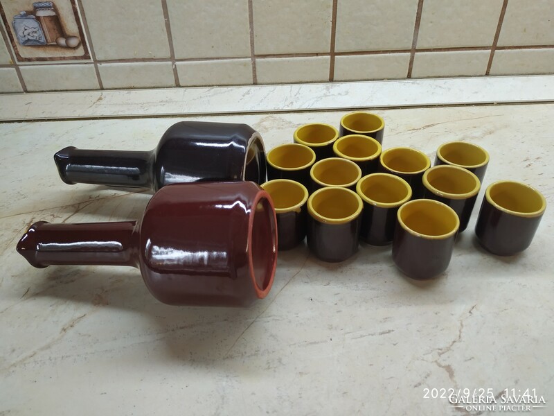 Ceramic drinking set for sale! Tófej ceramic brandy set, 2 jugs, 13 glasses