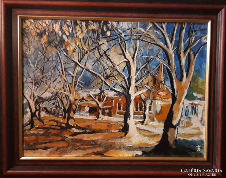 Melting snow in the park - signed oil painting - 30 cm x 40 cm